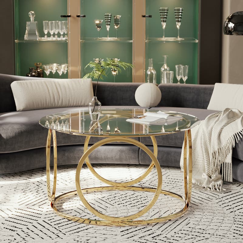 31.5" Modern Round Glass Top Coffee Table with Circular Metal Frame