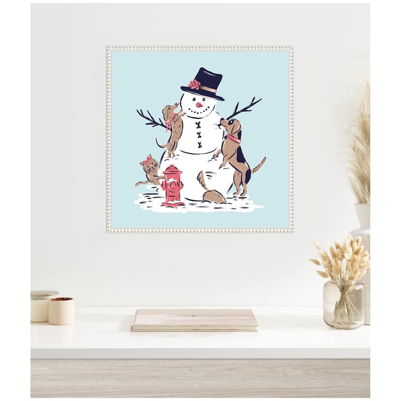 Kate and Laurel Sylvie Beaded Snowman Dogs Cat Framed Canvas by Krissy Mast