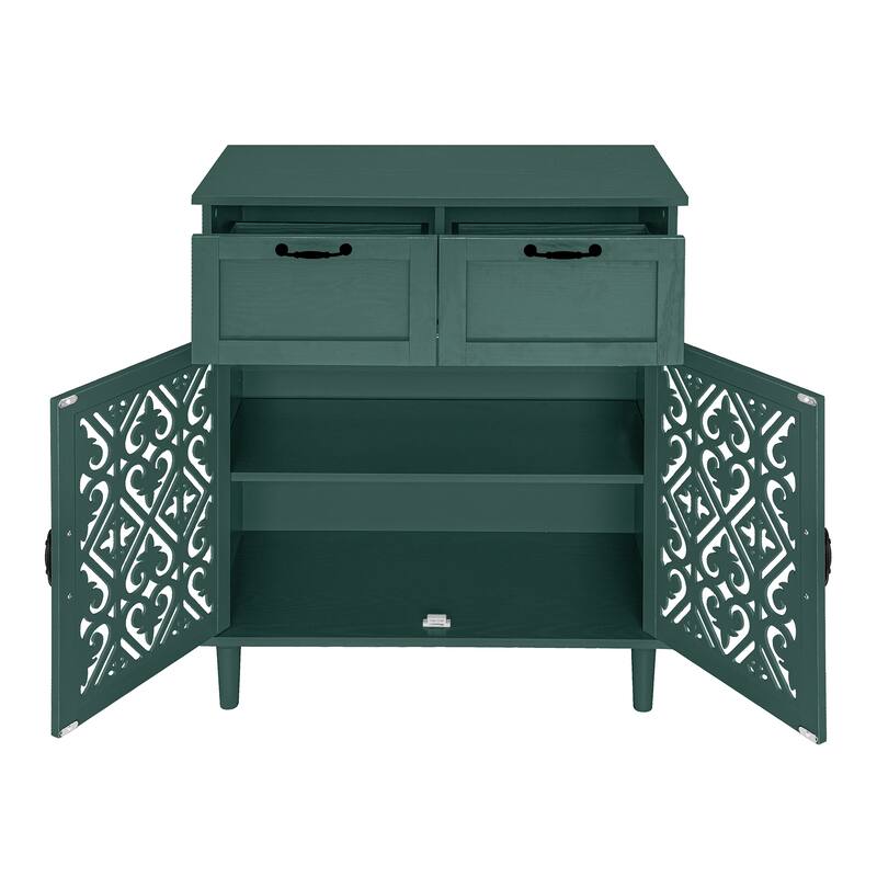 Cabinet with 2 Carved Pattern Doors & 2 Drawers, Small Entryway Storage Table, Accent Cabinet with Metal Handles & Wooden Legs