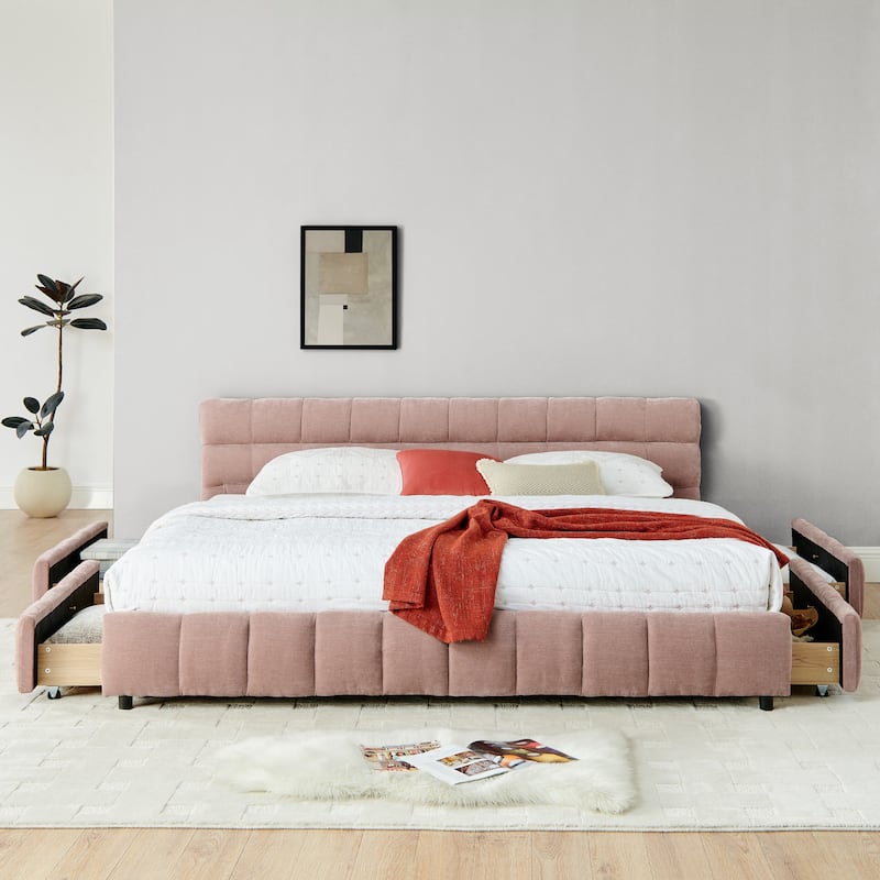 Block Thick Chenille Low Profile Platform Bed Fabric Upholstered Bedframe with Headboard Solid Wood Frame - Optional Storage Bed