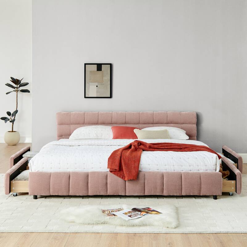 King Size Upholstered Bed Frame with Storage Drawers, Soft Chenille Fabric Headboard - Sturdy & Noise-Free Support