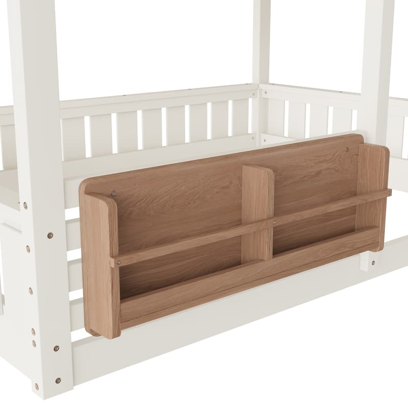 Twin/Full House Bunk Bed with Bookshelf, Safety Fence, Ladder and Loft Play Area, Wooden Kids Bed Frame