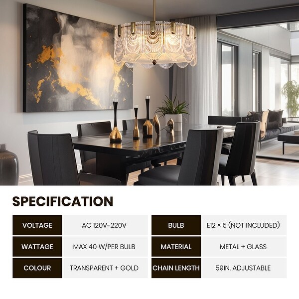 20 in. Gold Modern Drum Chandelier 5 Light Glass Low Profile Pendant Lights for Dining Room Single Tier Chandelier