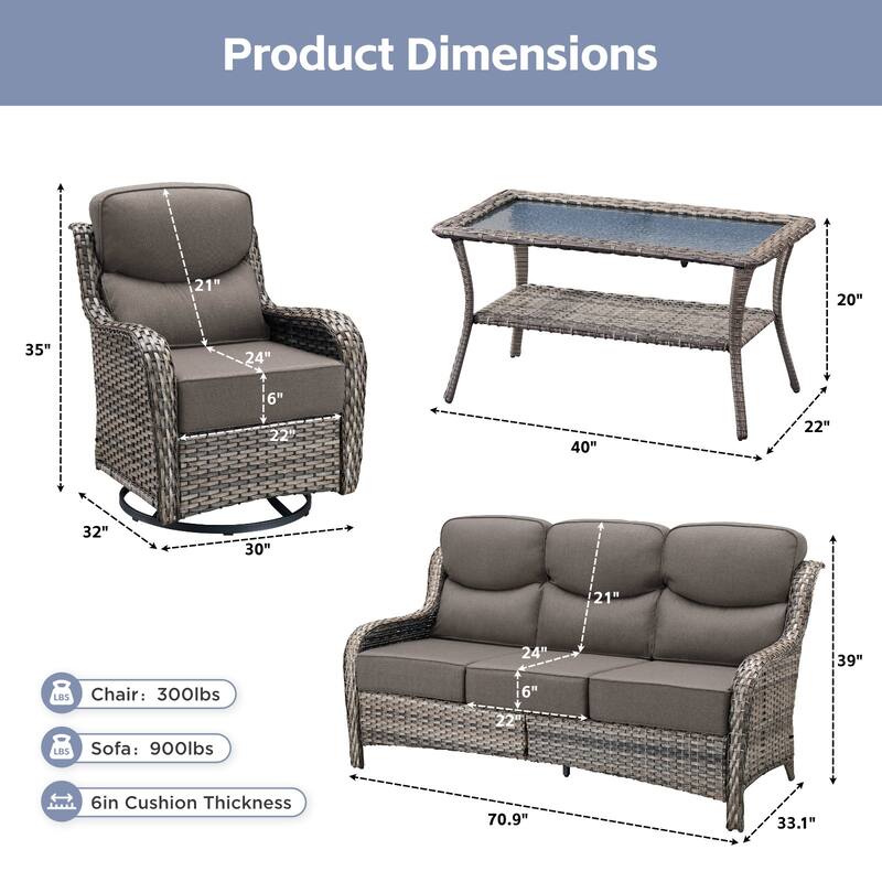 Arcadia 4-Piece Wicker Patio Conversation Set with Swivel Gliders and 6-Inch Thick Olefin Cushions