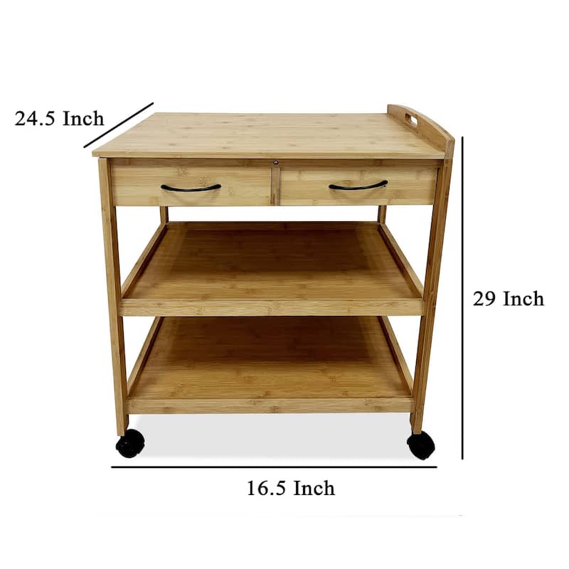 Walter Kitchen Bar Cart, 2 Drawers, 2 Shelves, Brown Bamboo, Rolling Wheels
