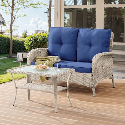Patio Wicker Love-seat and Coffee Table Set - Light Beige