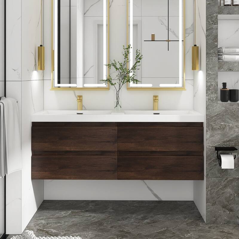 MDF Wall-Mounted Bathroom Vanity Set in Rose Wood with Integrated Culture Marble Sink