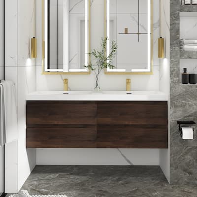 MDF Wall-Mounted Bathroom Vanity Set in Rose Wood with Integrated Culture Marble Sink