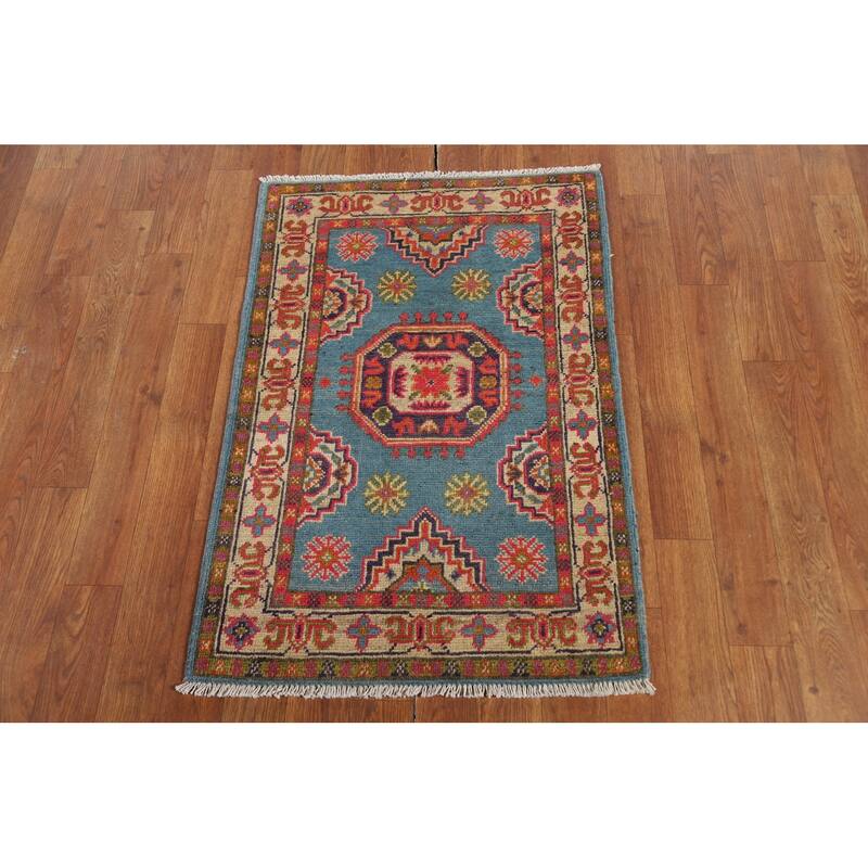 Light Blue Geometric Kazak Foyer Rug Traditional Handmade Wool Carpet - 2'0" x 3'0"