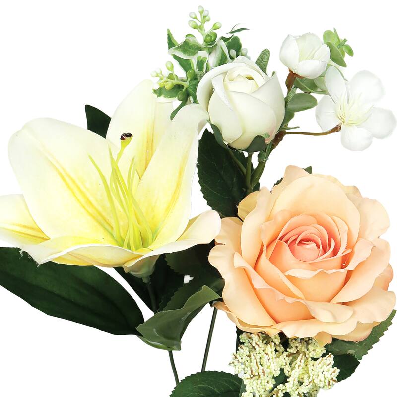Set of 2 Yellow Peach Artificial Mixed Rose Lily Blossom Flower Stem Bush Bouquet 20in - 20" L x 13" W x 13" DP