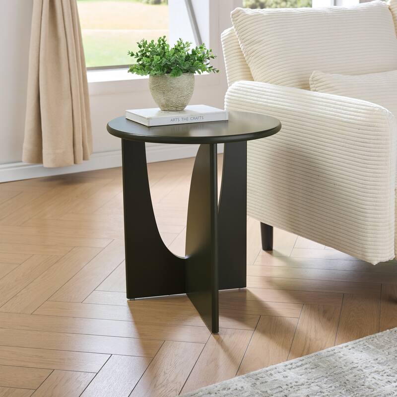 Theo Round Wood Side Table with Sculptural U-Shaped Base - Caviar