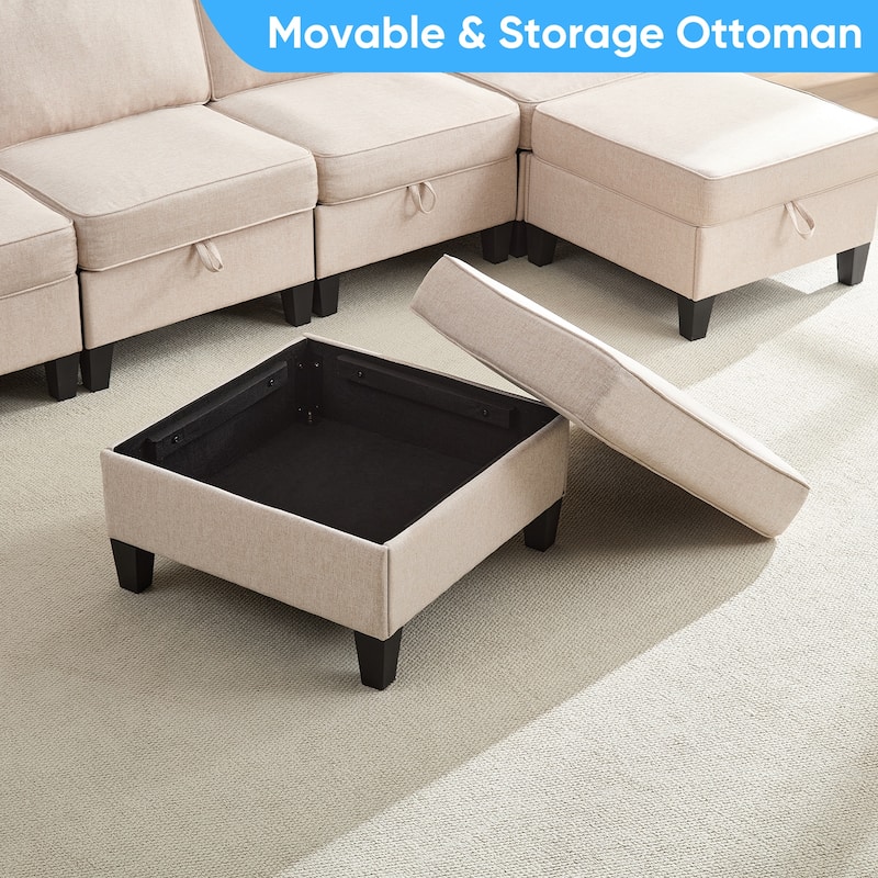 Mixoy Flexible Combination Reversible 4-Seater Modular Sofa with Ottomans,Linen Convertible Sleeper Sofa Bed with Storage Space