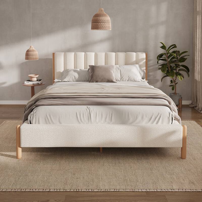Queen Size Bed Frame with Upholstered Headboard, Solid Wood Legs, White - White