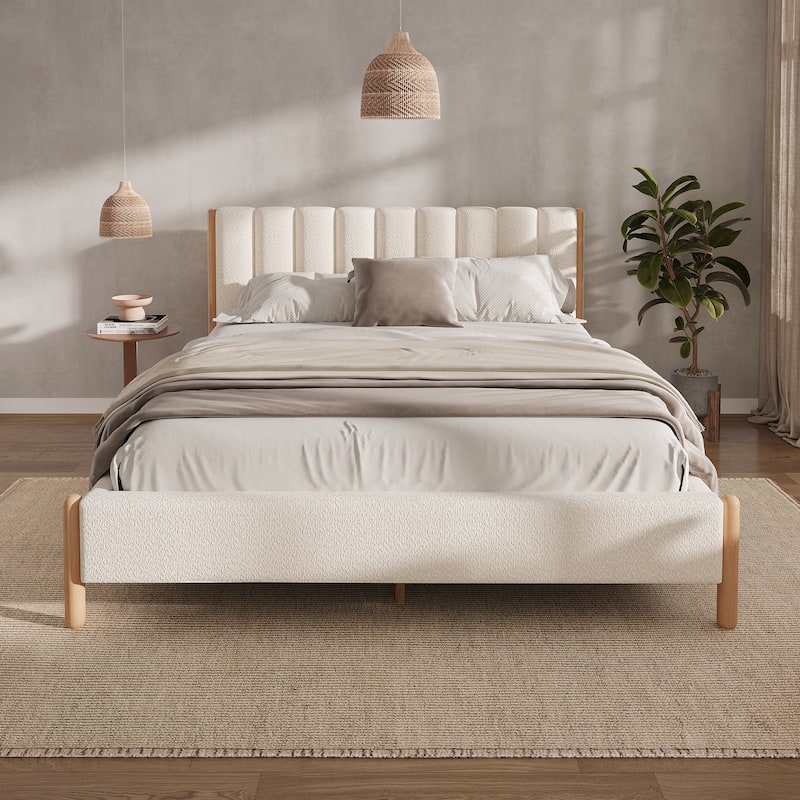 White Upholstered Fabric Bed Frame Platform Bed with Vertical Channel Tufted Headboard, Rubberwood Legs, No Box Spring Needed