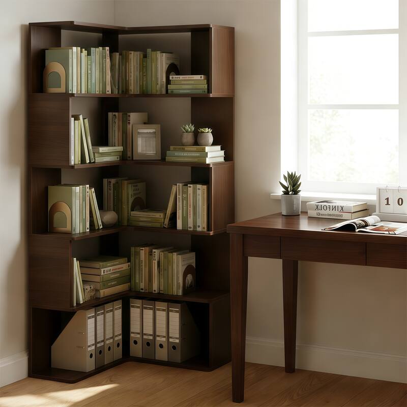 66" Tall 6-Tier Corner Bookshelf - L-Shaped Wooden Bookcase with Baffle, Freestanding Display Shelf for Living Room, Home Office