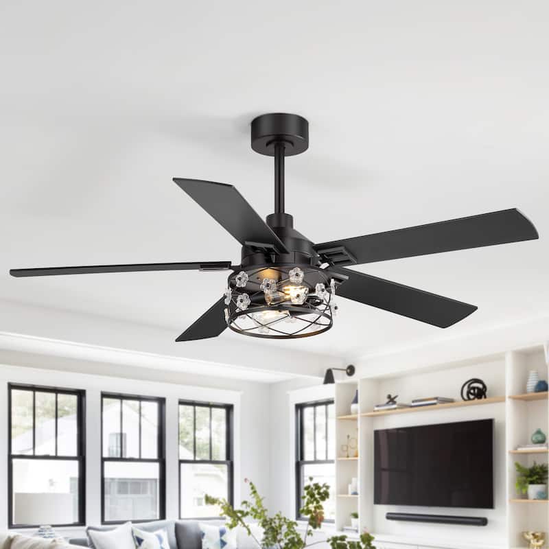 52"/65" Industrial Reversible Wood 5/8-Blade Cage Ceiling Fan with Light Kit and Remote