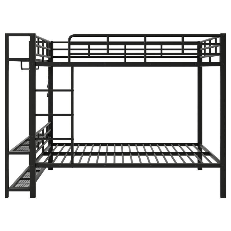 Full over Full Size Metal Bunk Bed with Mesh Shelves and Clothes Hooks, Storage Bed Frame with LED Light and Ladder