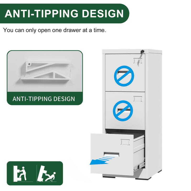 3 Drawer Metal Vertical File Cabinet with Lock and Card Slot File Cabinet for A4 Legal/Letter Size Narrow File Cabinet Locked