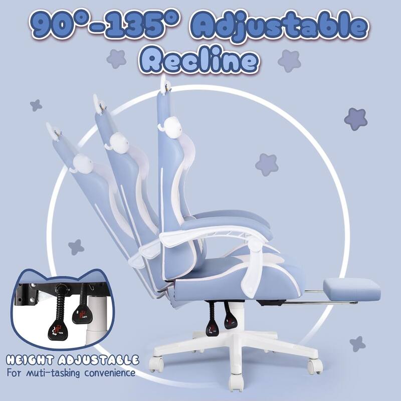 BOSSIN Gaming Chair with Cat Ears and Cat Paw Cushion Pillow,Cute Kawaii Reclining Computer Chair for Girl with Footrest