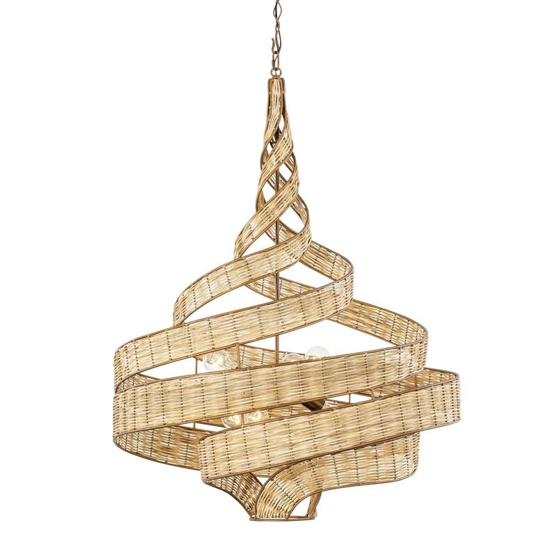 Flow Hand-Crafted Recycled Steel 6-Light Large Twist Pendant - Baguette w/ Rattan