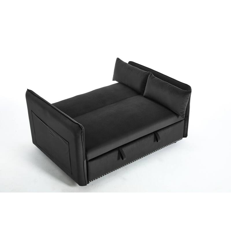 3 in 1 Convertible Sleeper Futon Sofa Bed, 55" Loveseat Lounge Couches with 2 Pillows, USB Ports & Side Pockets