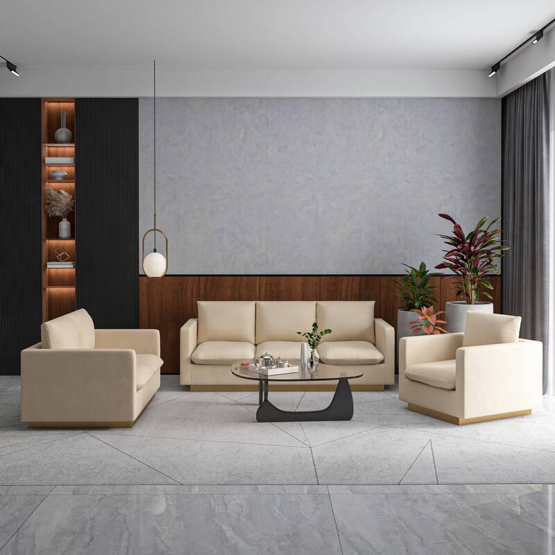3-Piece Velvet Sofa Set with Brushed Gold Stainless Steel Base Nervo Series