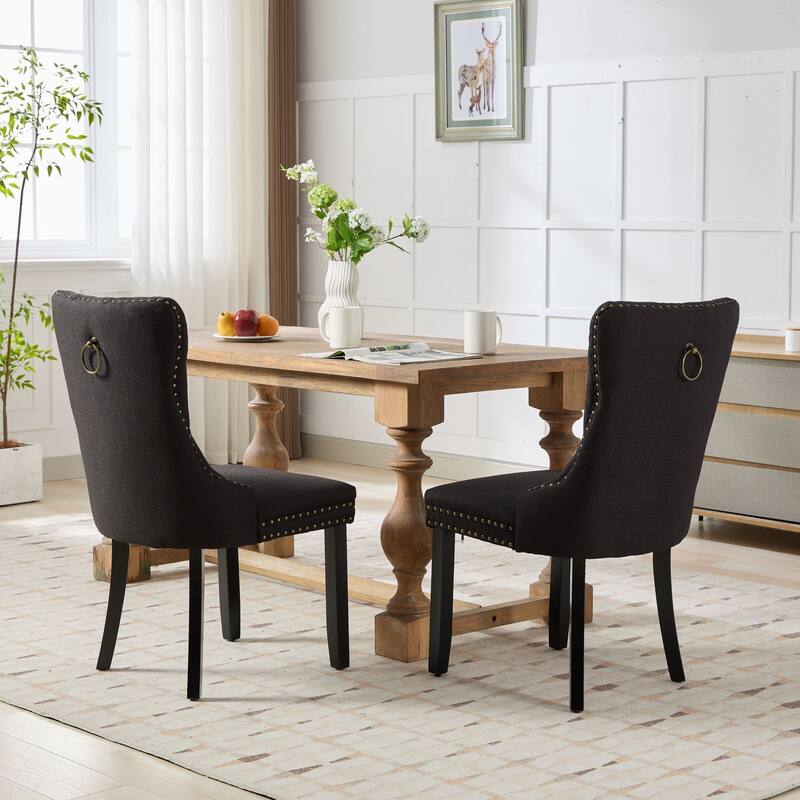 Set of 2 Linen Upholstered Dining Chair with Wood Legs, Nailhead Trim
