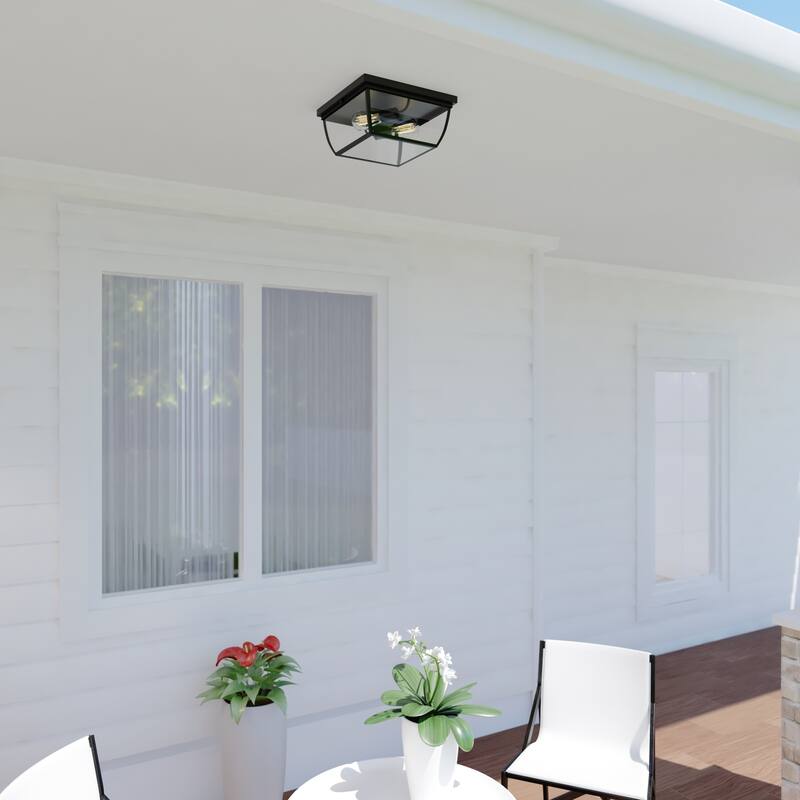 Bronze Outdoor Flush Mount Ceiling Light - Geometric Style - Clear Glass Shade - Entryway Lighting 12.5" - 5.75