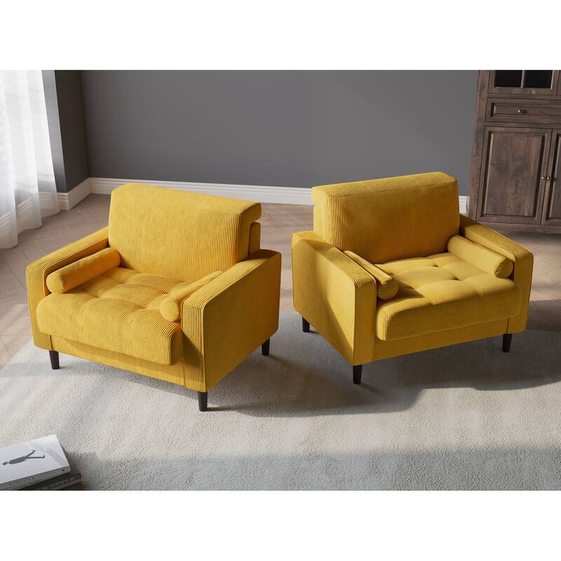 Corduroy Upholstered Armchair with Bolster Pillows Set of 2 - Yellow