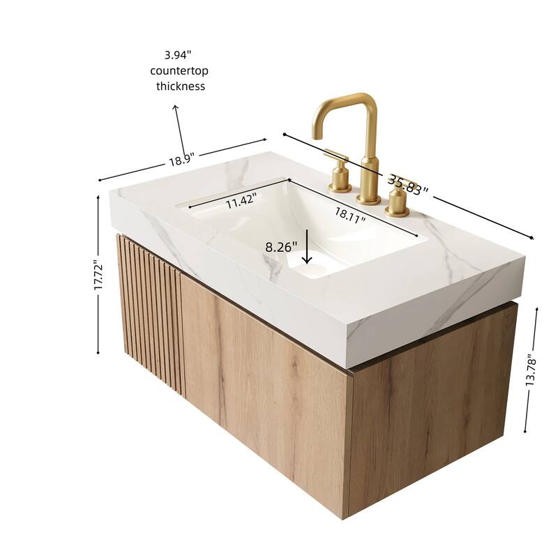 Floating Bathroom Vanity with Sintered Stone Top & Undermount Ceramic Basin with Three Pre-drilled Faucet Holes