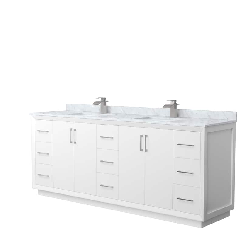 Strada 84-Inch Double Vanity Set, Carrara Marble Top - White, Nickel Trim, Carrara Marble Top