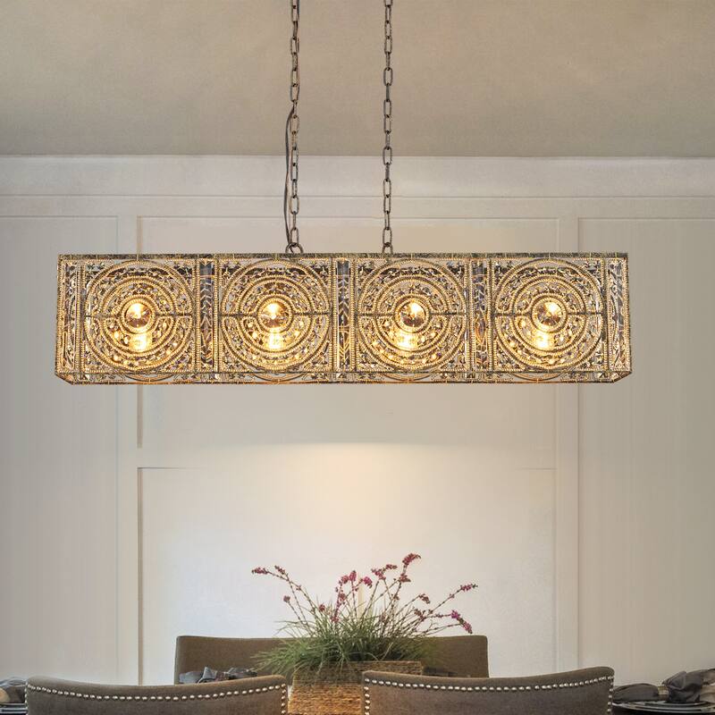 Vintage Glam 4-Light Linear Crystal Pendant Light for Kitchen Island Dining Room