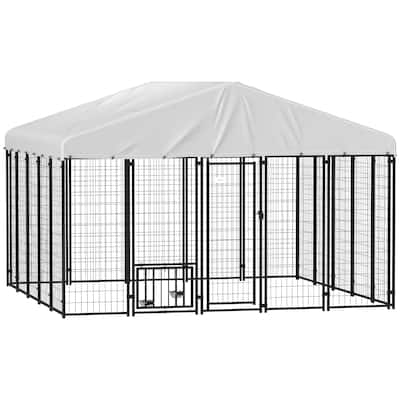 PawHut 9.8' x 9.8' x 6.8' Outdoor Dog Kennel, Welded Wire Heavy Duty Dog Run with 360° Rotating & 4 Level Adjustable Bowls