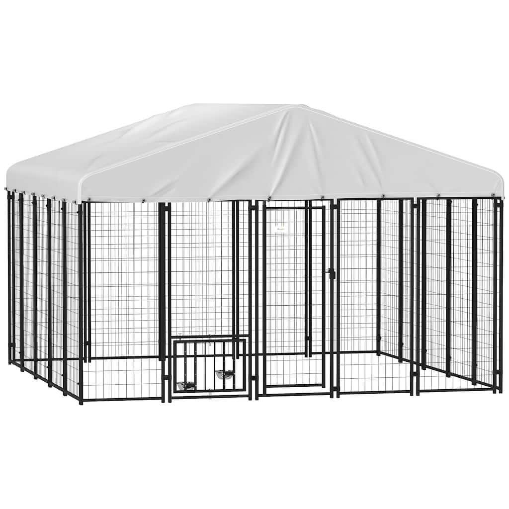 PawHut 9.8' x 9.8' x 6.8' Outdoor Dog Kennel, Welded Wire Heavy Duty Dog Run with 360° Rotating & 4 Level Adjustable Bowls