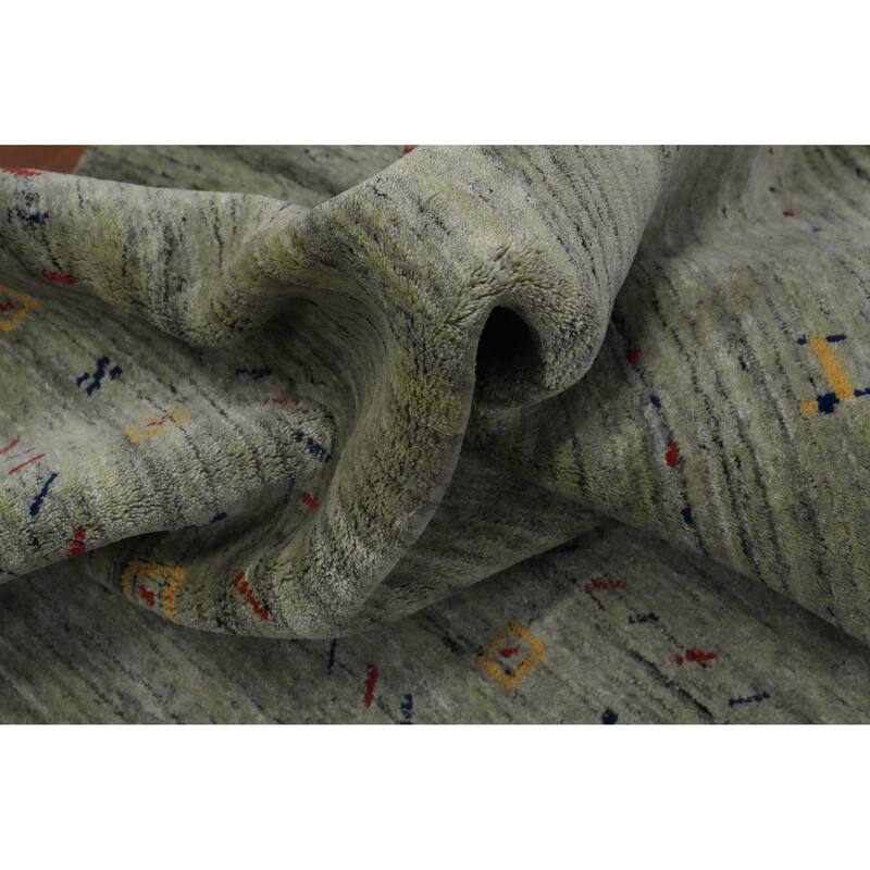 Green Wool Tribal Gabbeh Oriental Area Rug, Handmade Modern Carpet - 9' 10'' X 6' 6''