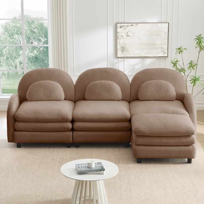 98.2" Teddy Fabric Sectional Sofa with Curved Pillows and Ottoman - Camel