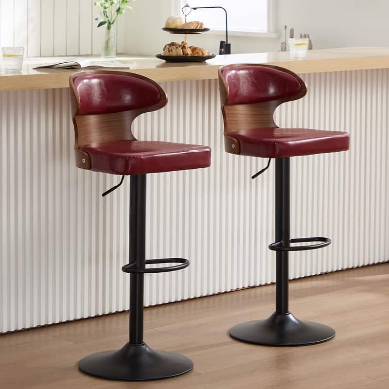 PU Leather Upholstered Curved Backrest 360° Swivel Adjustable Height Bar Stools with Footrest(set of 2) - Wine Red