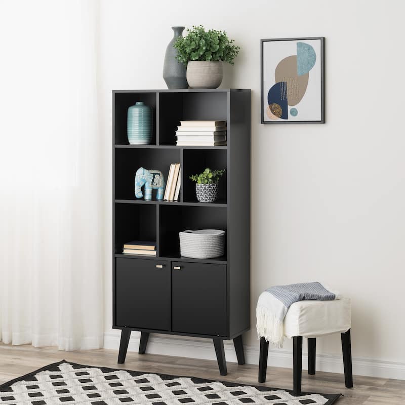 Prepac Milo Mid-Century Modern Bookcase with Six Shelves and Two Doors - 29 in. W x 62.25 in. H x 12 in. D