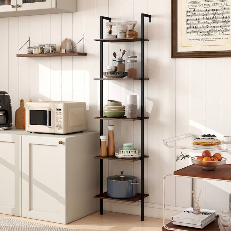Rustic Brown Engineered Wood Ladder Bookshelf with Metal Frame - 17" x 12" x 70"