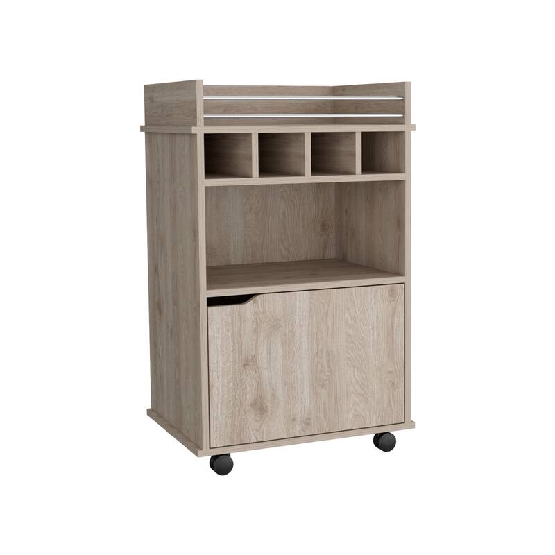 DEPOT E-SHOP Sims 35" H Bar Cart with Two Shelves four Wine Cubbies and One Cabinet,Light Pine - White