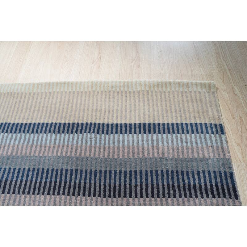 Mauve Hand-Knotted Wool Knotted Striped Rug, 8' x 10', plush stylish floor accent - L