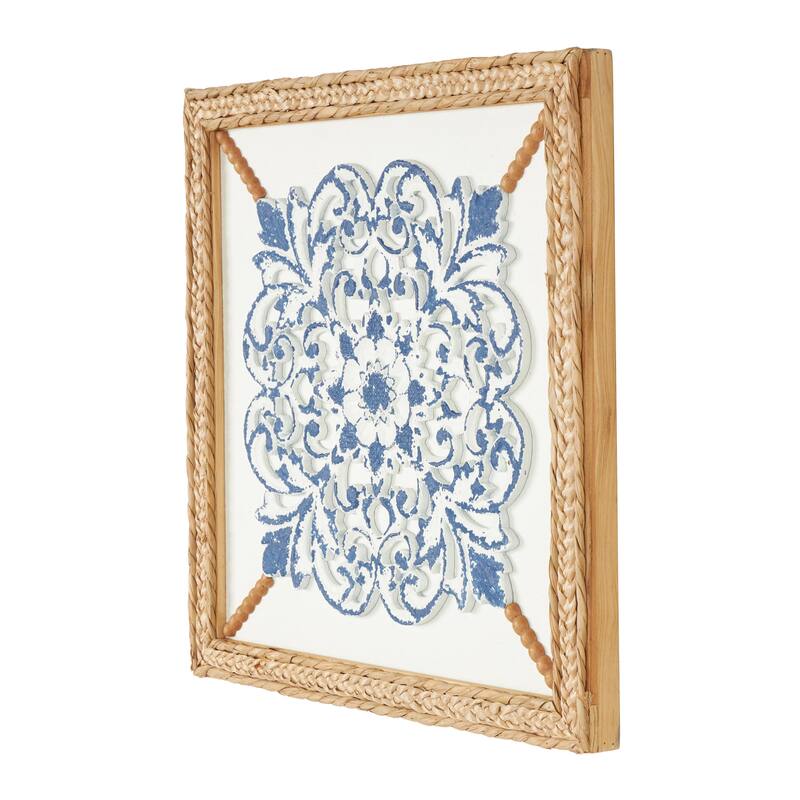 Wood Floral Relief Home Wall Decor with Brown Woven Seagrass Frame and White Backing - Blue - Roche River Decor