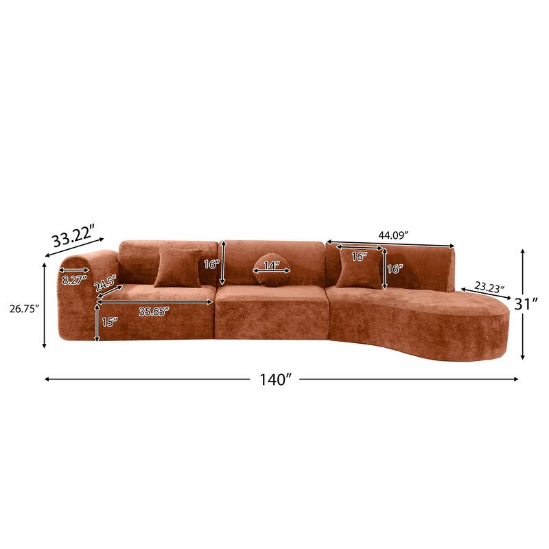 140" Polyester Curved Sectional Sofa - 3-Piece Set with Chaise Lounge (High-Density Foam, Fully Assembled)