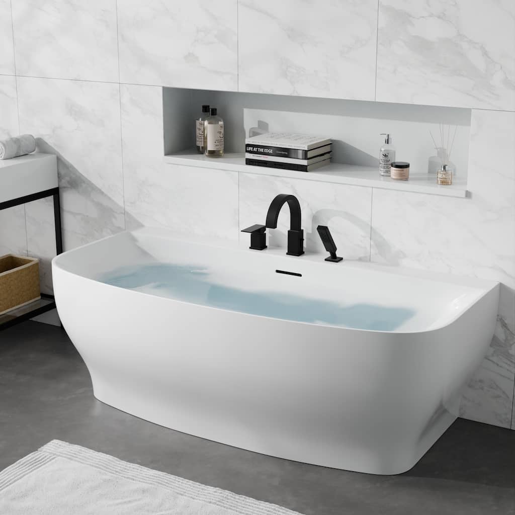 Bank Series 65 in. x 31 in. Flat Bottom Acrylic Freestanding Soaking Bathtub with Center Drain, Matte Black Faucet