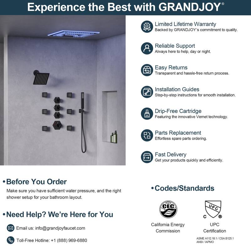 GRANDJOY LED Music Shower System 16" & 6" Dual Shower Heads with 6 Body Jets