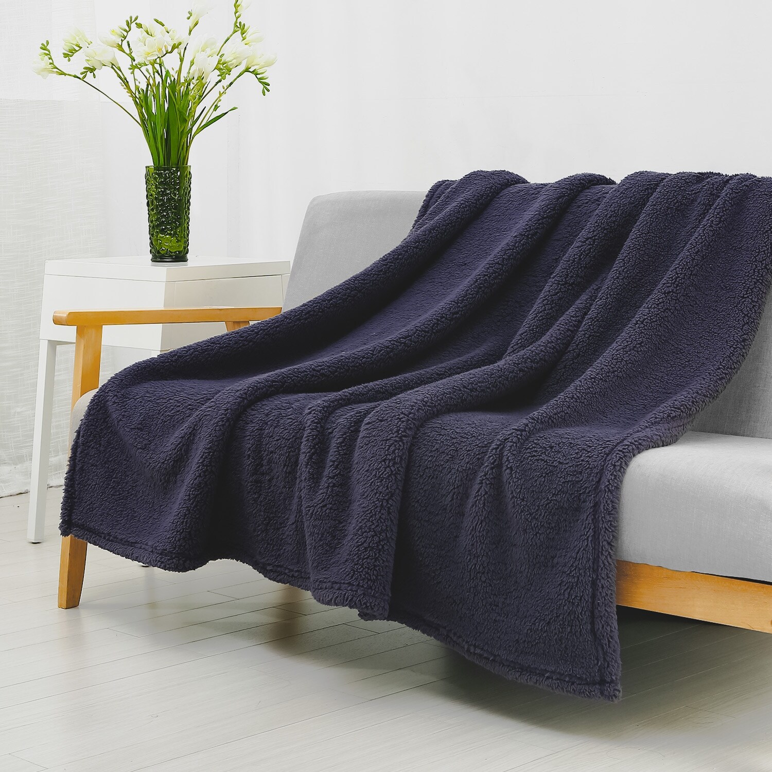 60 in. x 72 in.Ink Blue Oversided Sherpa Throw Blanket 2 Pack Set of 2 Dark Blue