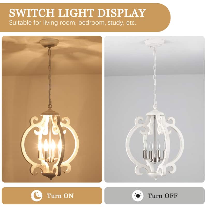 4-Light Antique Wood French Country Chandelier Vintage Pendant for Dining Room