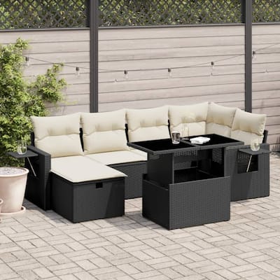 vidaXL Patio Sofa Set with Cushions Outdoor Furniture 7 Piece Poly Rattan - 21.7 x 39.4 x 28.7 in