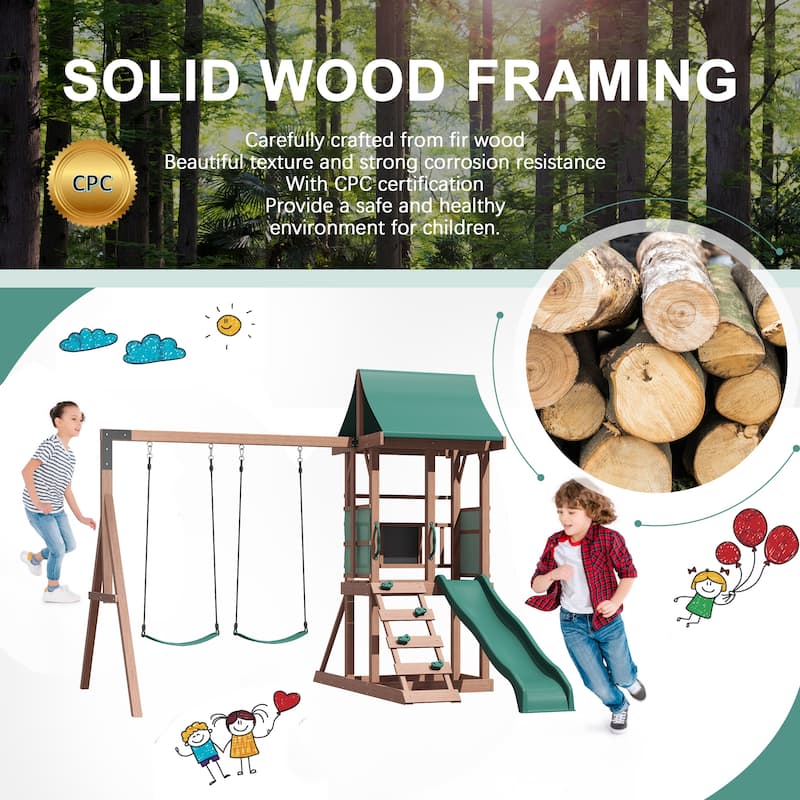 EROMMY 4-in-1 Wooden Swing Set – Backyard Playset w/ Slide, Climbing Wall, 2 Swings & Blackboard | Safe Outdoor Fun for Kids