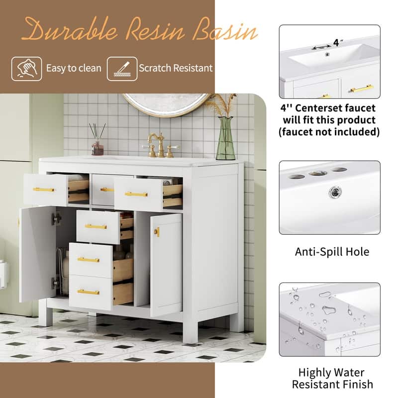 36" Modern Freestanding Bathroom Vanity Set - Ceramic Sink Combo with 4 Drawers & 2 Cabinets, Solid Wood Frame Storage Cabinet‌.